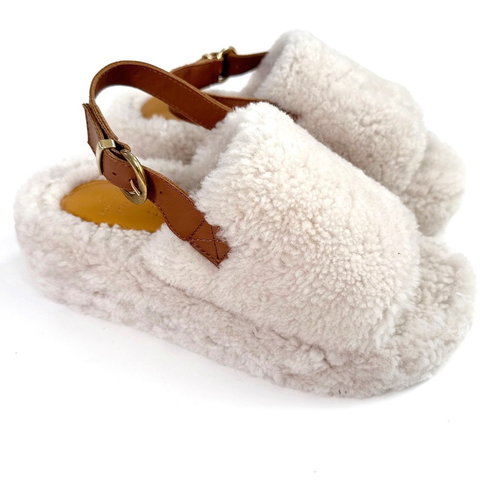 SEZANE GRETA WOOL MULE Size 37 Shearling Suede Slingback Women's Beige Buckle‎